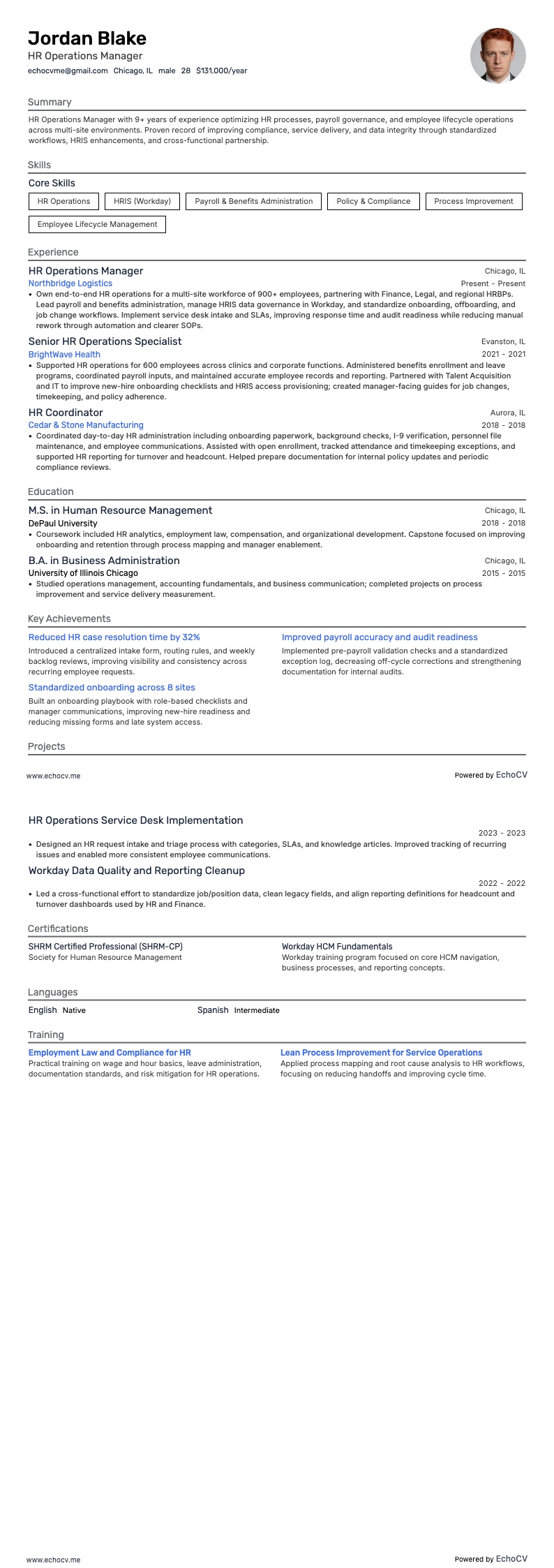 HR Operations Manager example resume