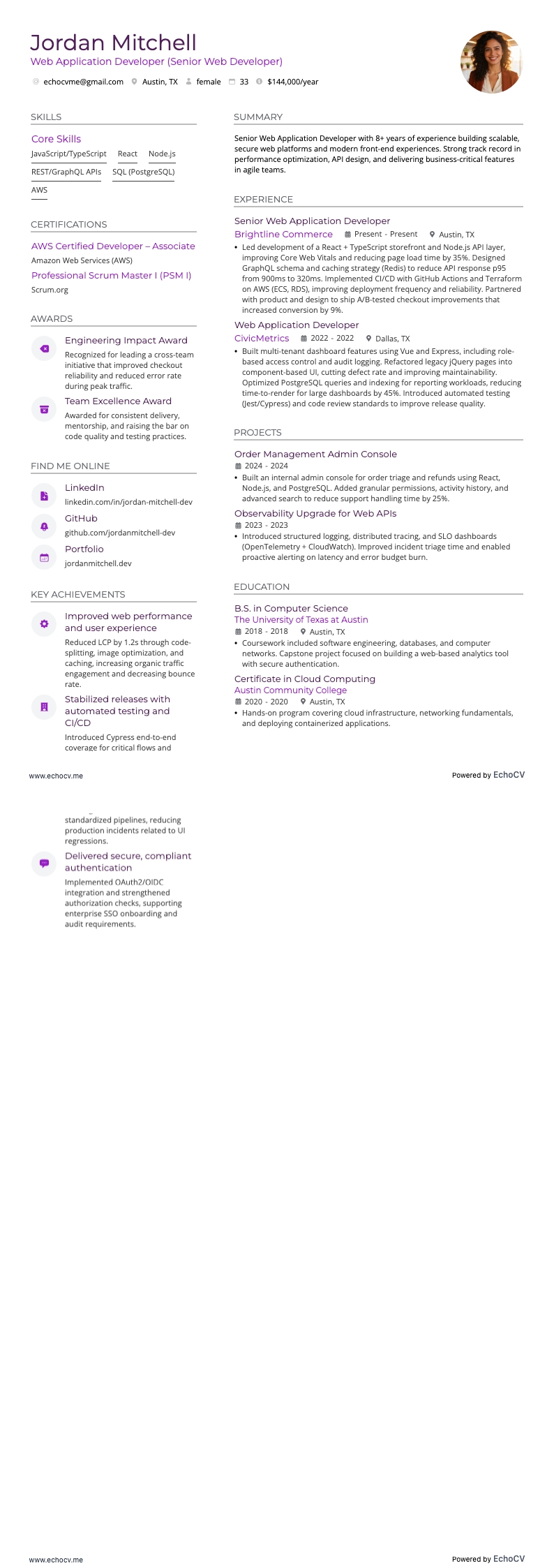 시니어 웹 개발자 resume example