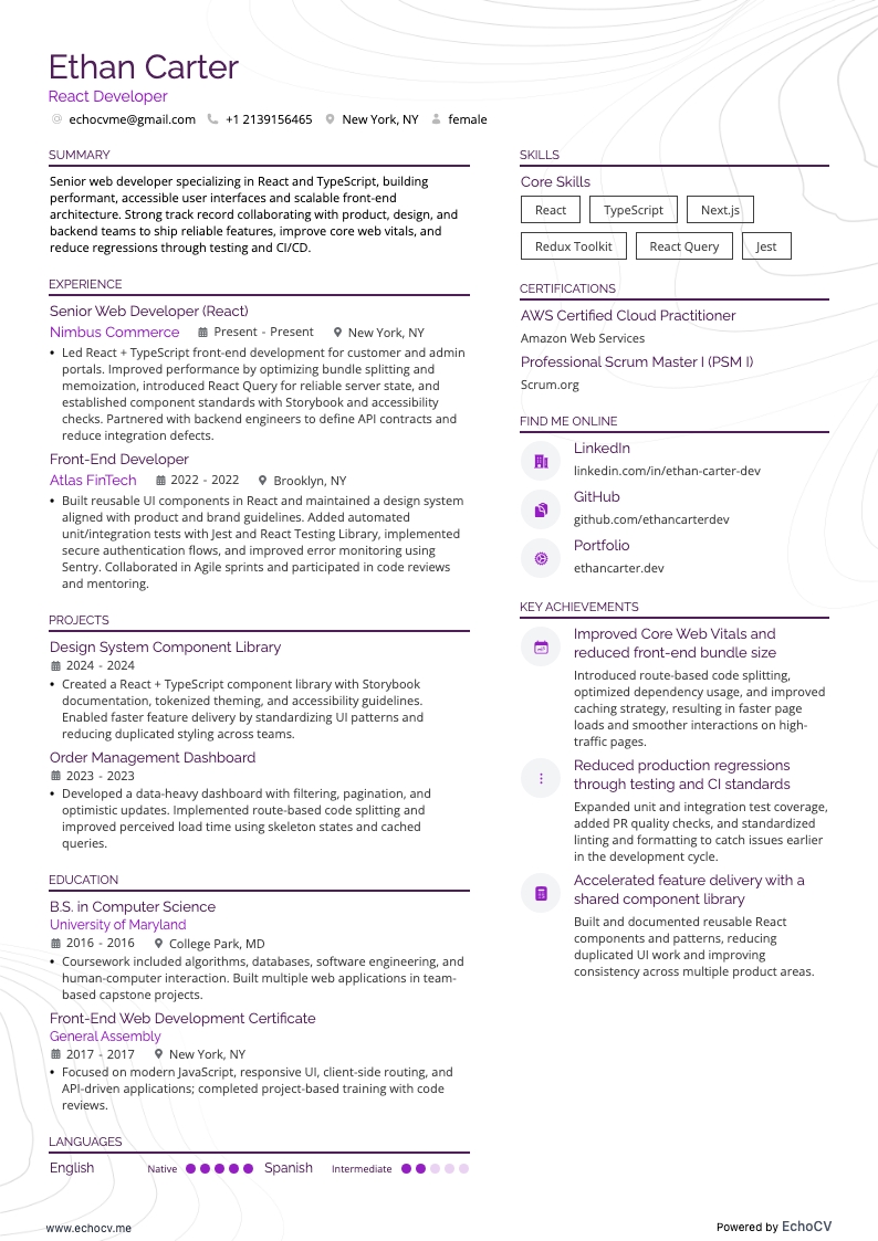 React 개발자 example resume