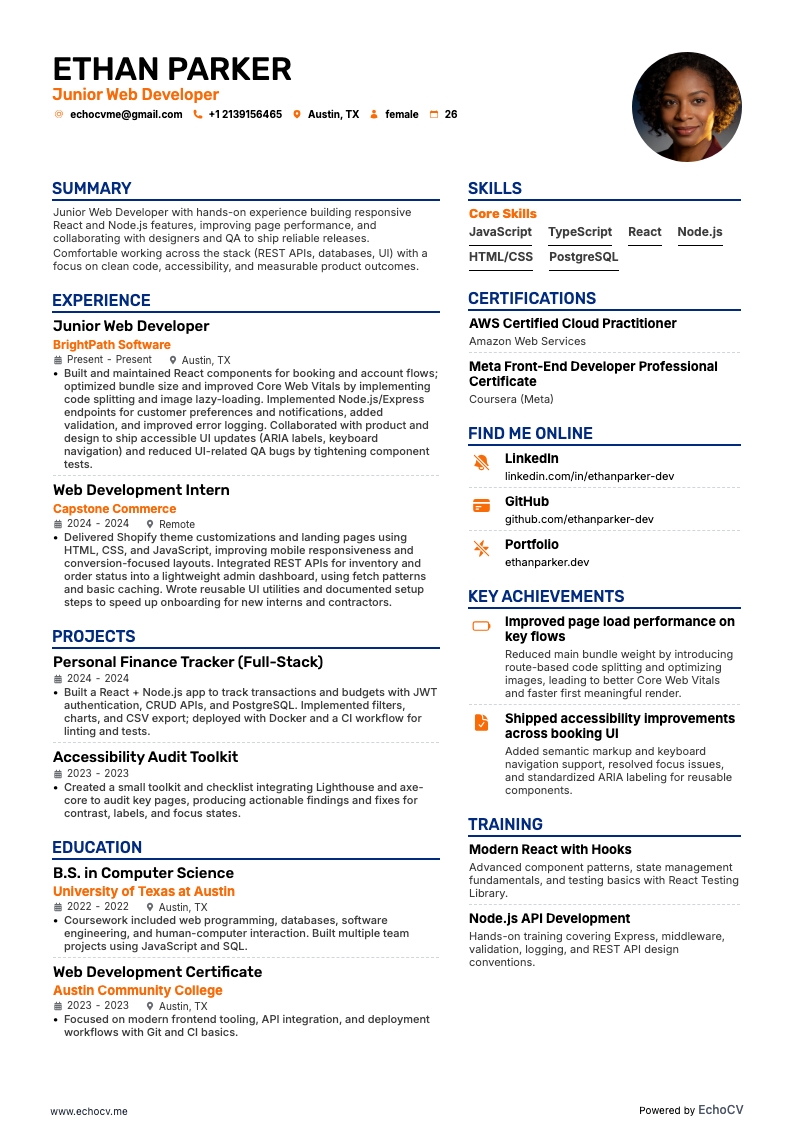 주니어 웹 개발자 example resume