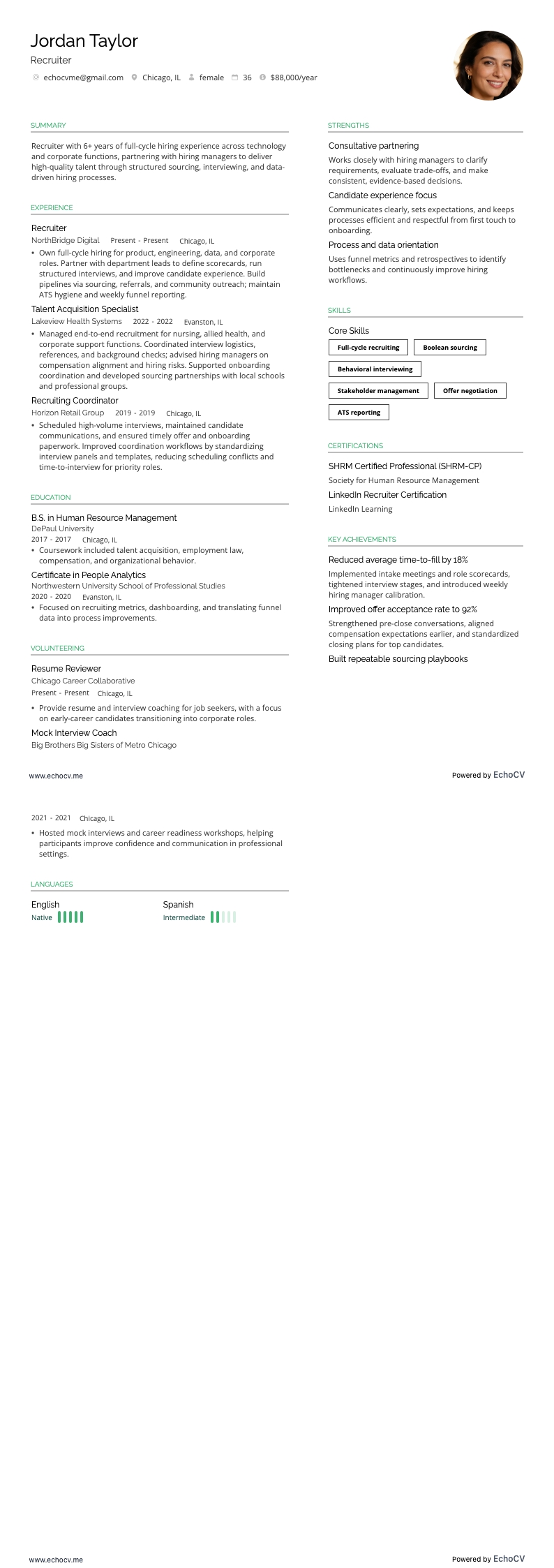 Recruiter example resume