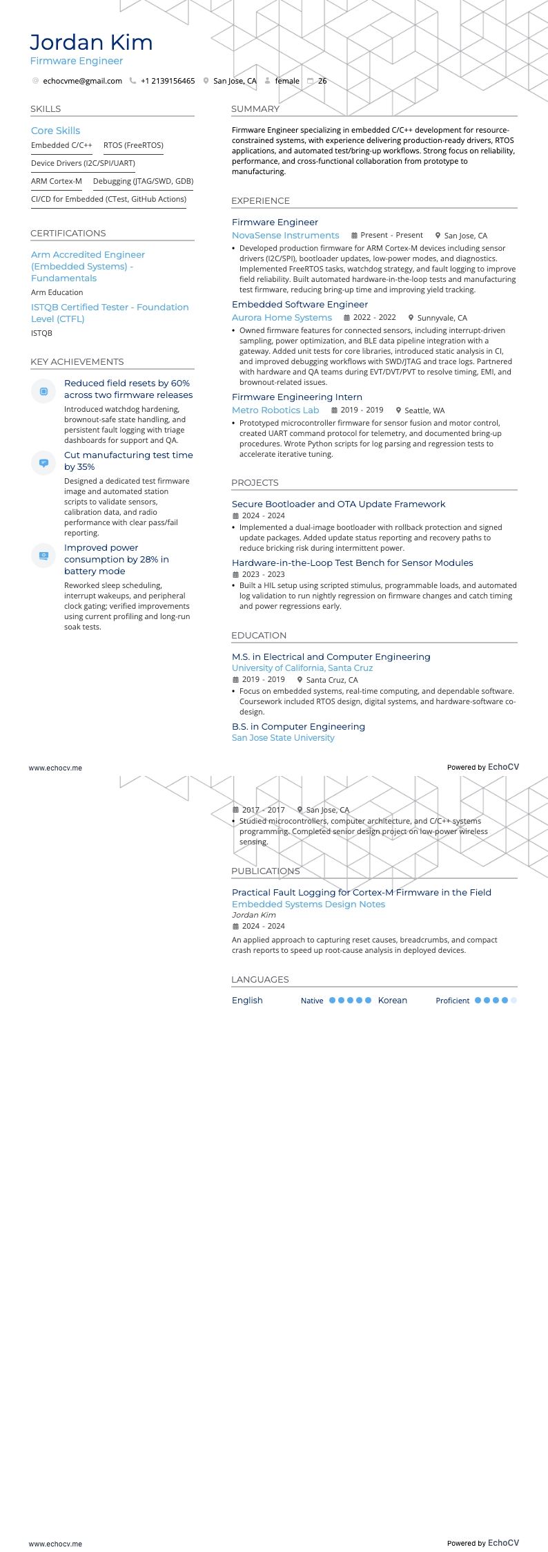 Ingénieur firmware example resume