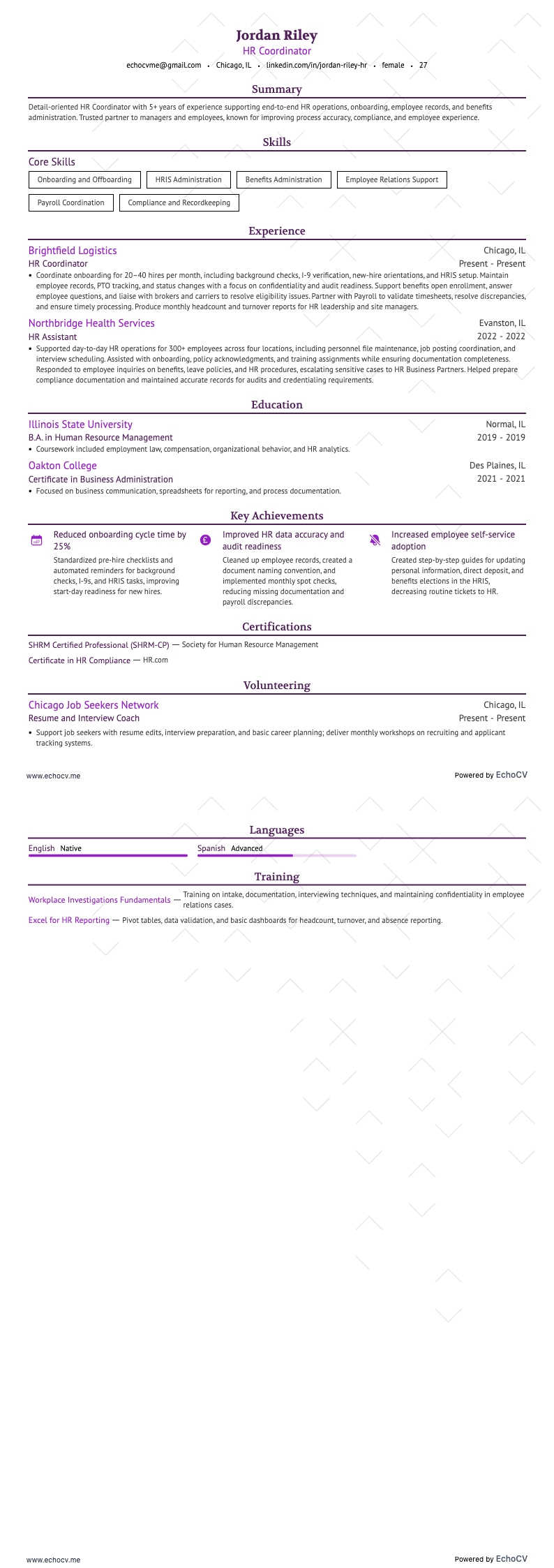 HR Coordinator example resume