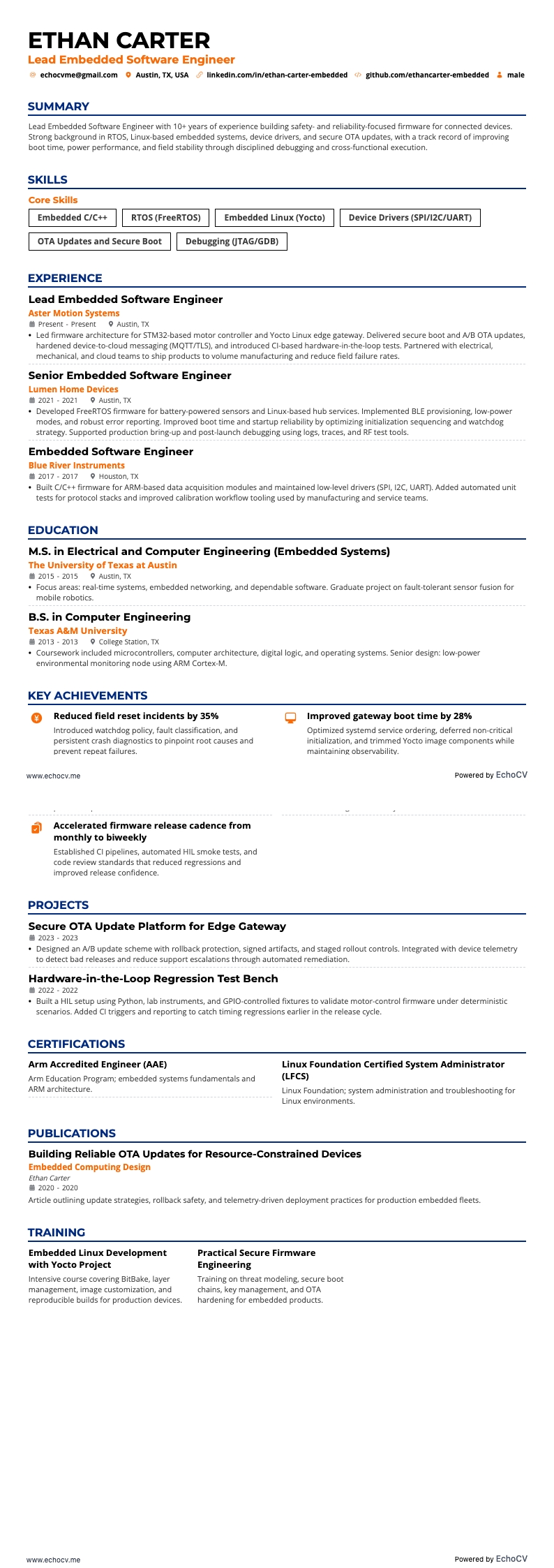 Ingénieur logiciel embarqué resume example