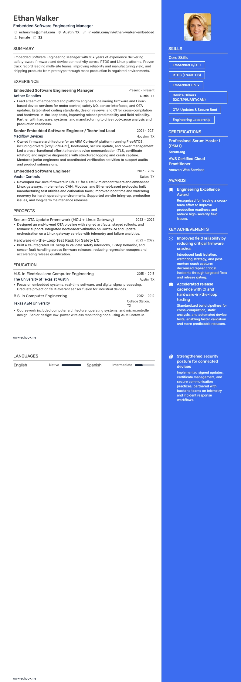 嵌入式軟體工程師 resume example