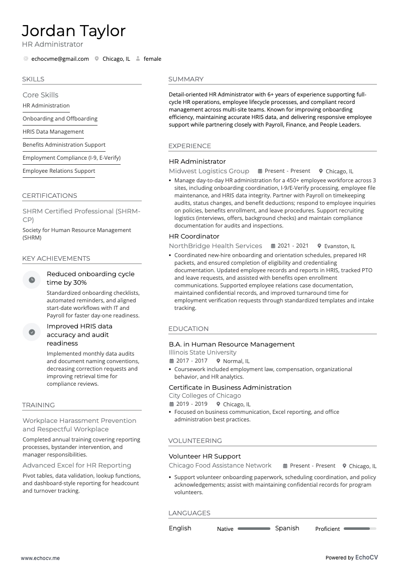 RR. HH. resume example