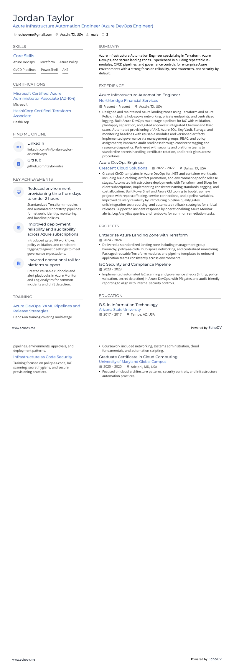 Azure Infrastructure Automation Engineer example resume