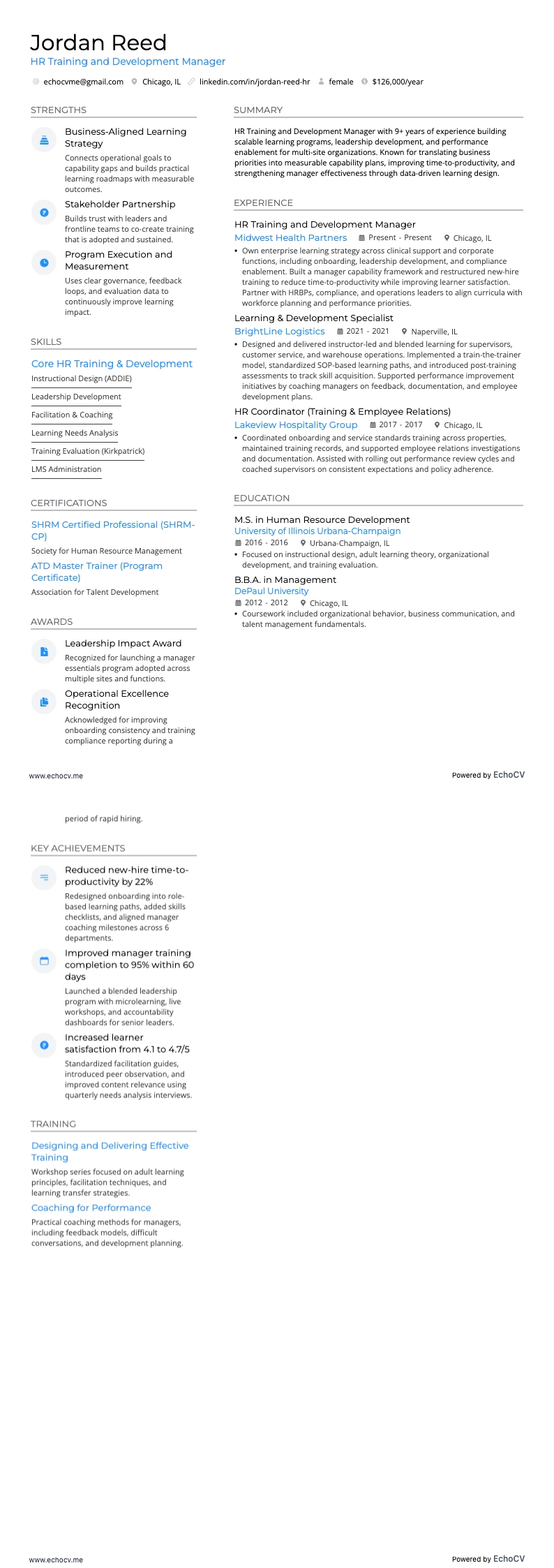 HR Training and Development Manager example resume