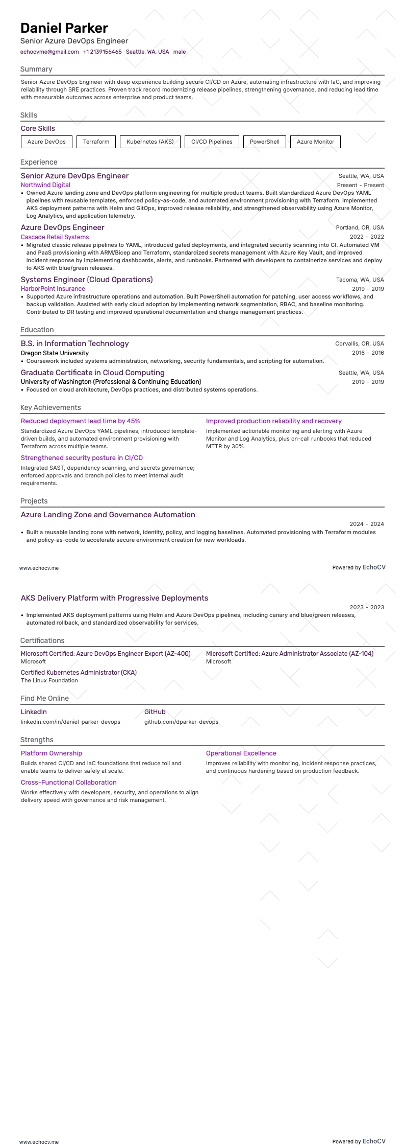 Azure Devops Engineer resume example