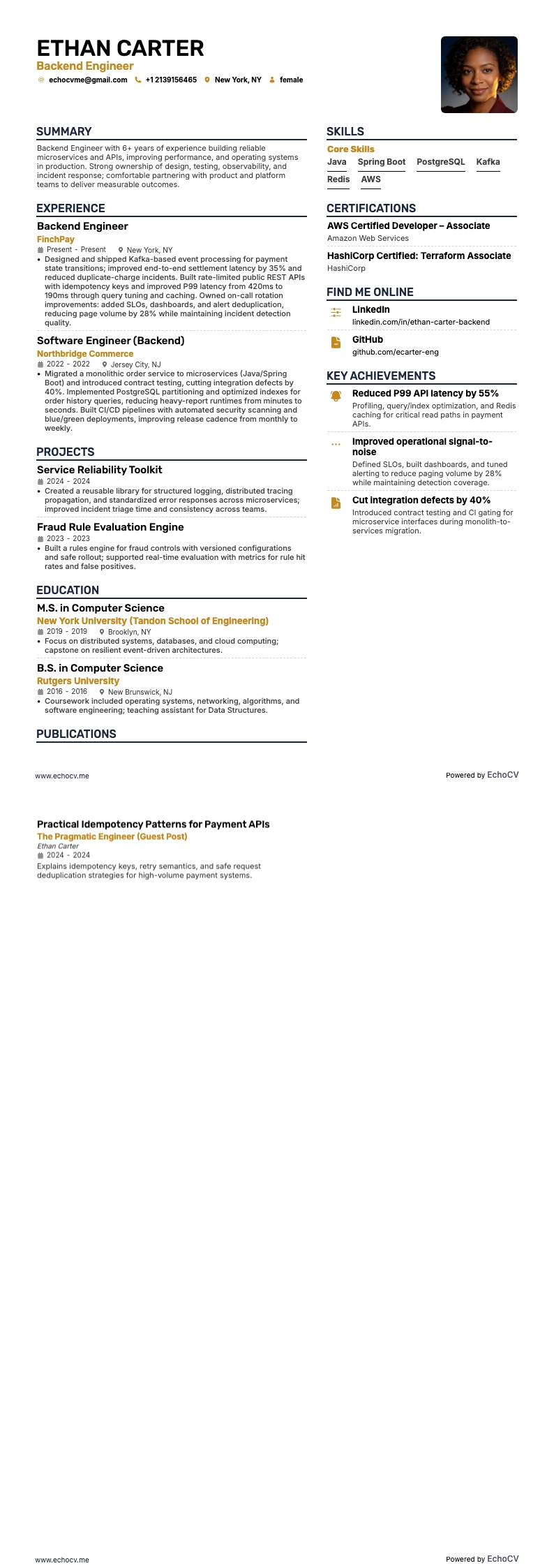 Ingeniero de backend resume example