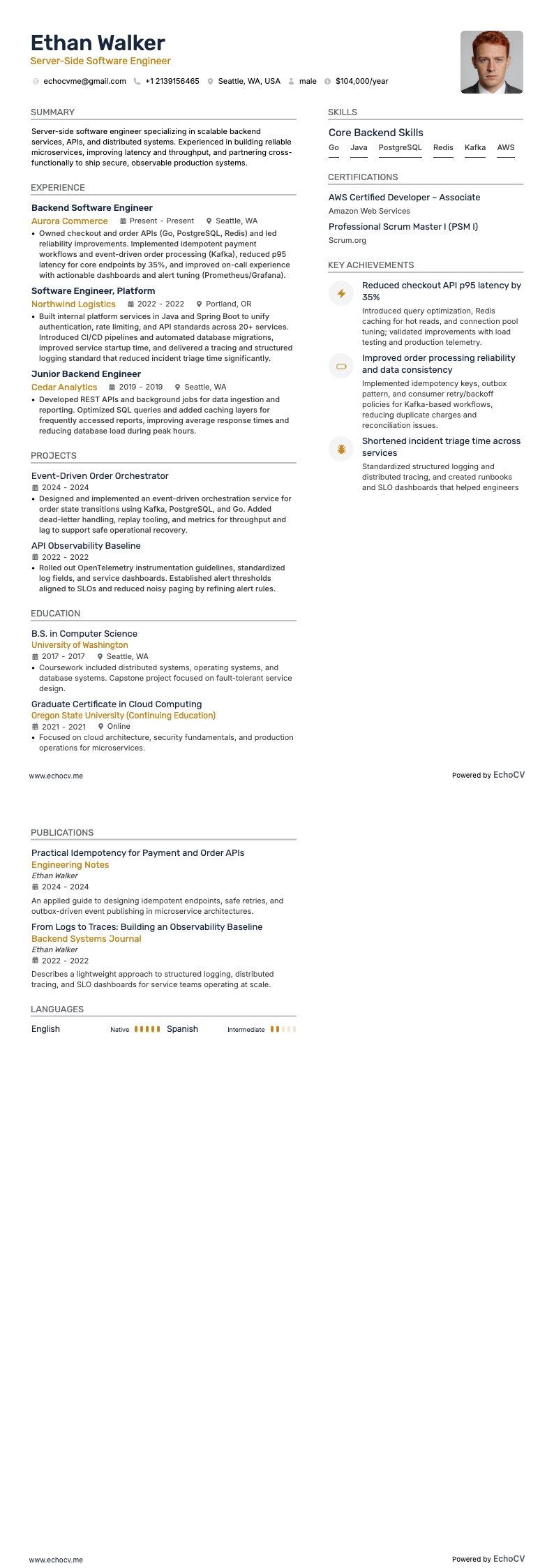 サーバーサイドソフトウェアエンジニア example resume