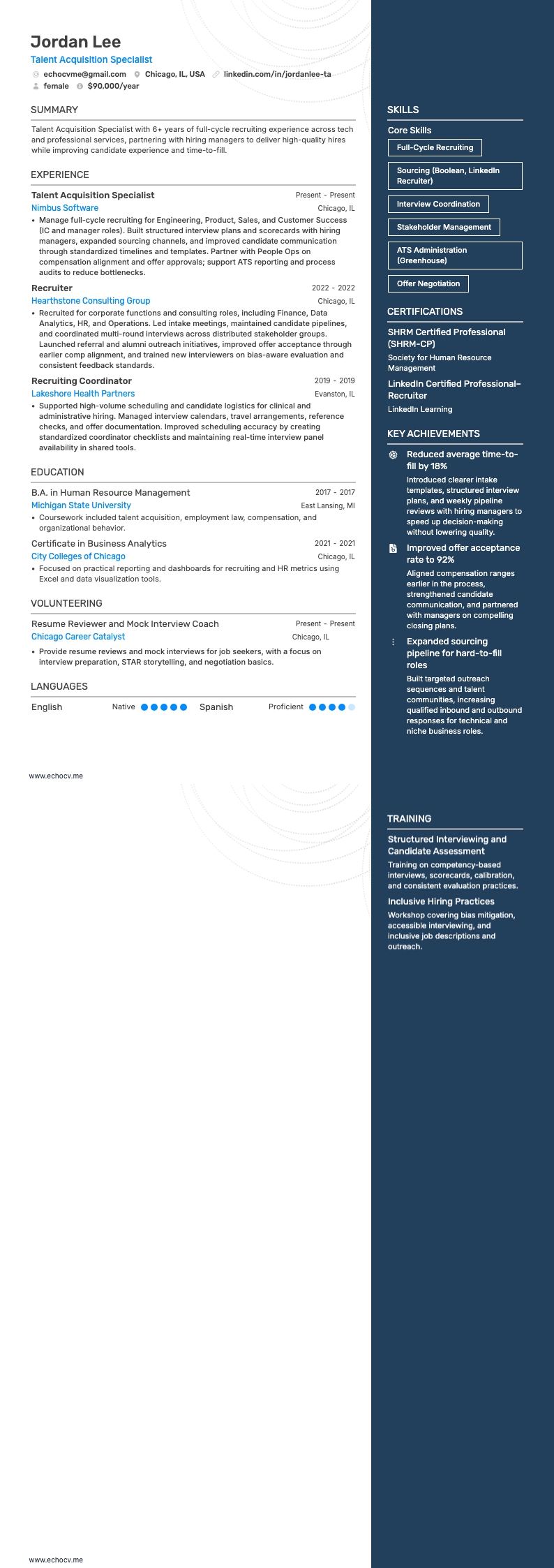 Talent Acquisition Specialist example resume