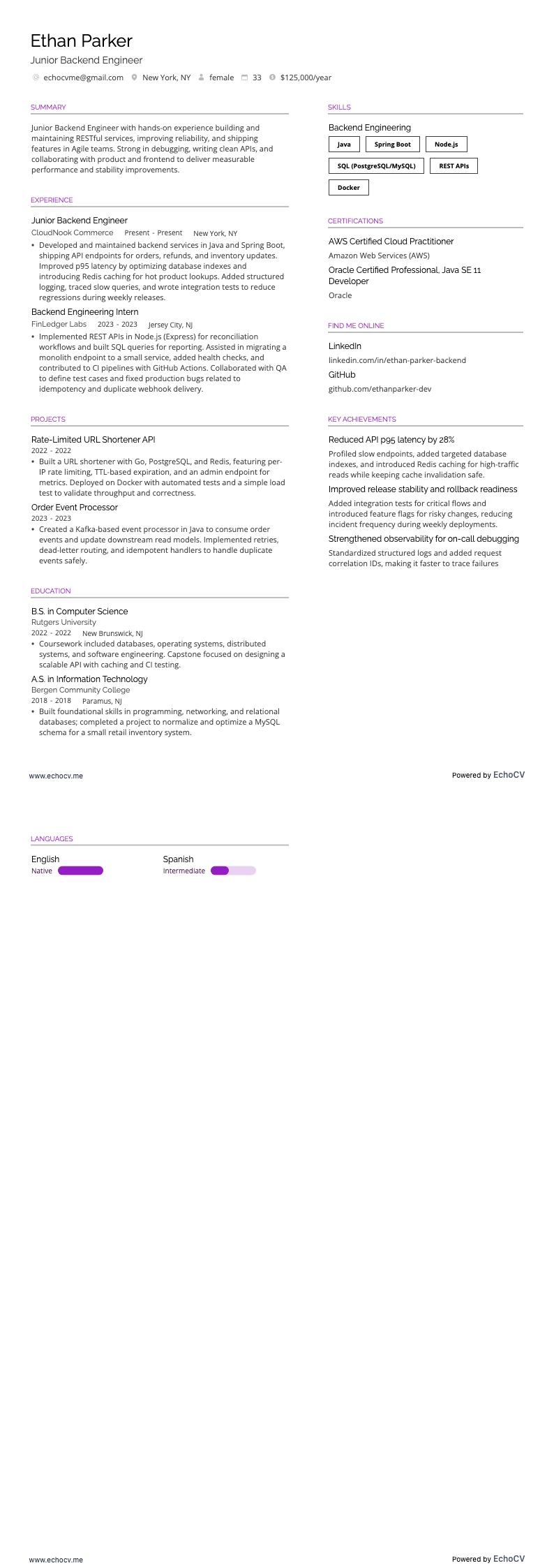 ジュニアバックエンドエンジニア example resume
