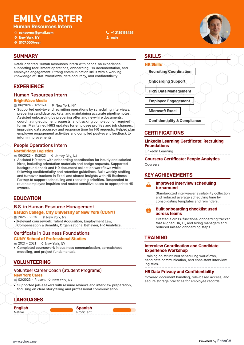 Human Resources Intern example resume
