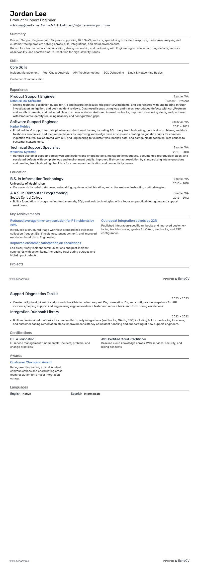Product Support Engineer example resume