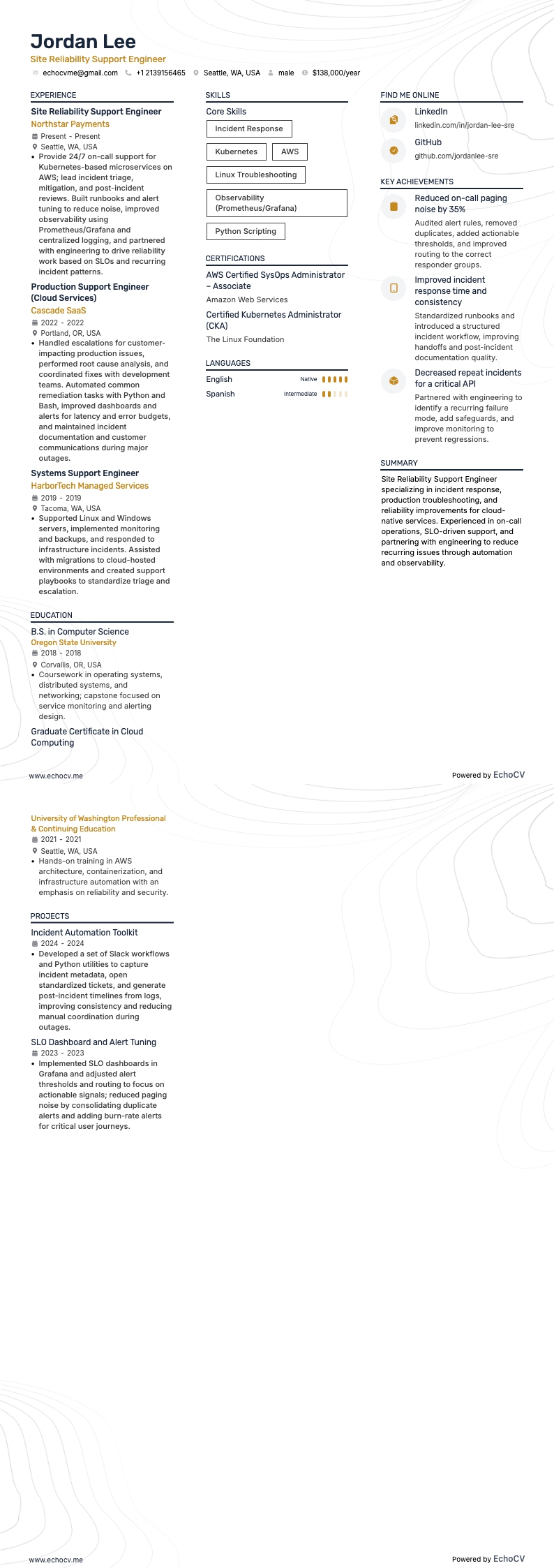 Site Reliability Support Engineer example resume