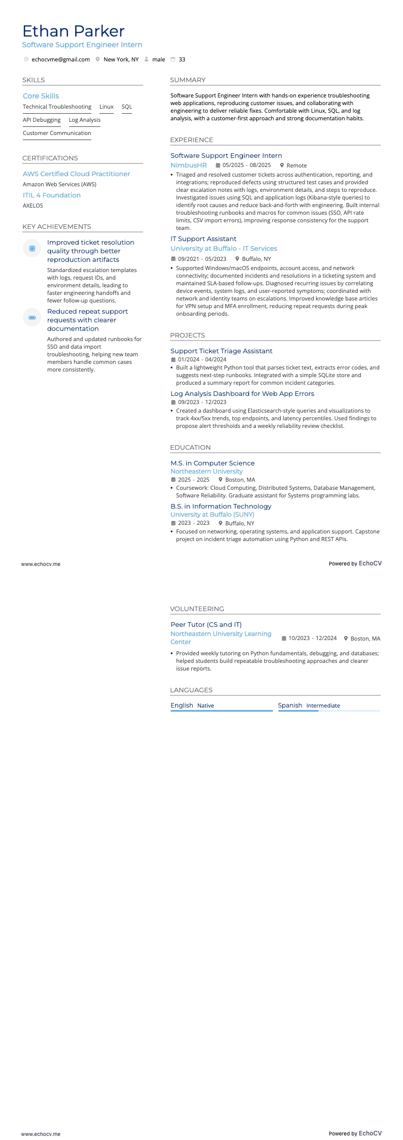 Software Support Engineer Intern example resume