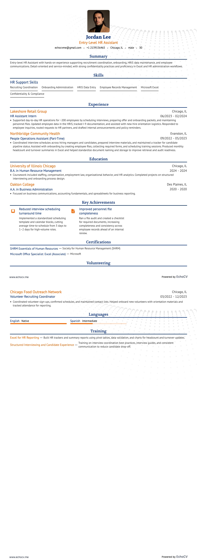 Entry-Level HR Assistant example resume