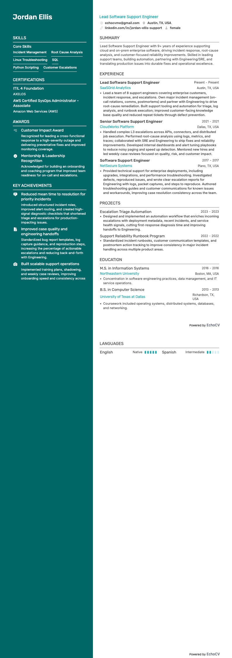 Lead Software Support Engineer full preview