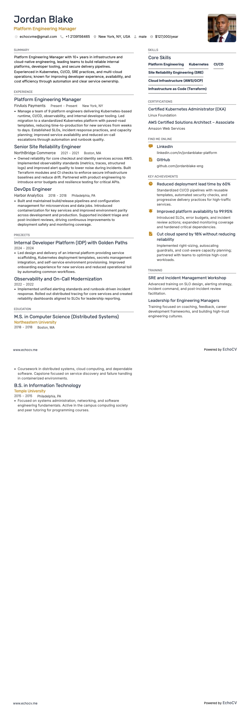 プラットフォームエンジニアリングマネージャー example resume