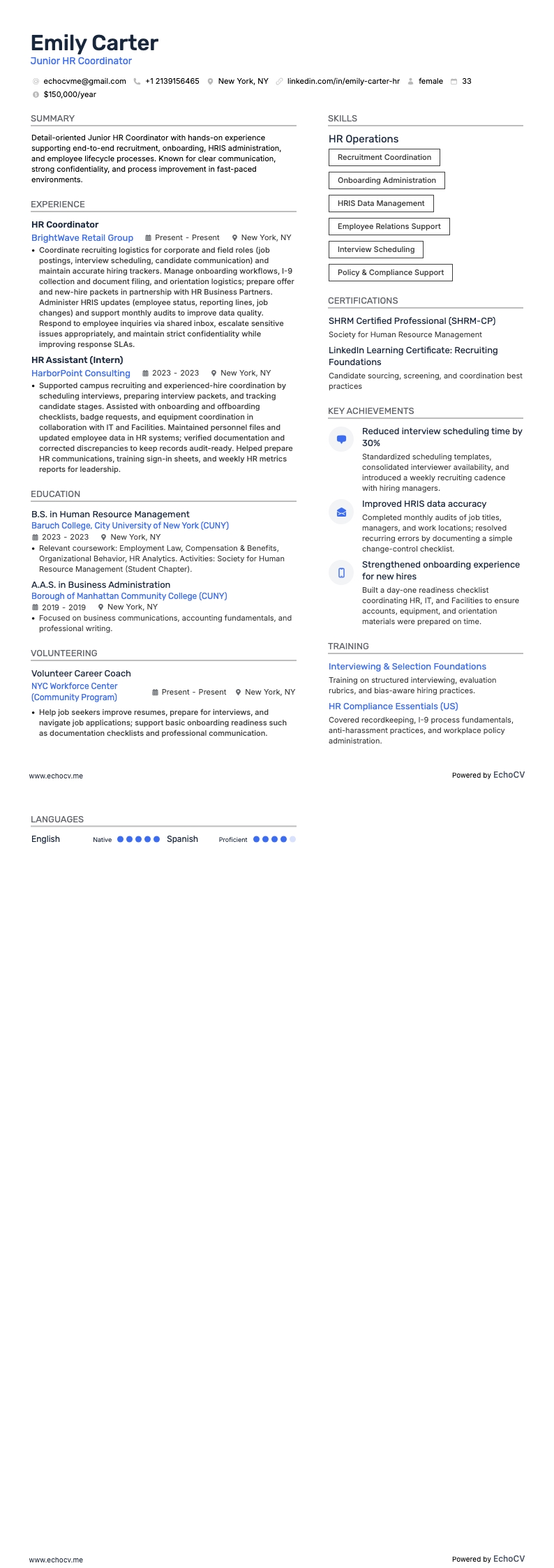 Junior HR Coordinator example resume