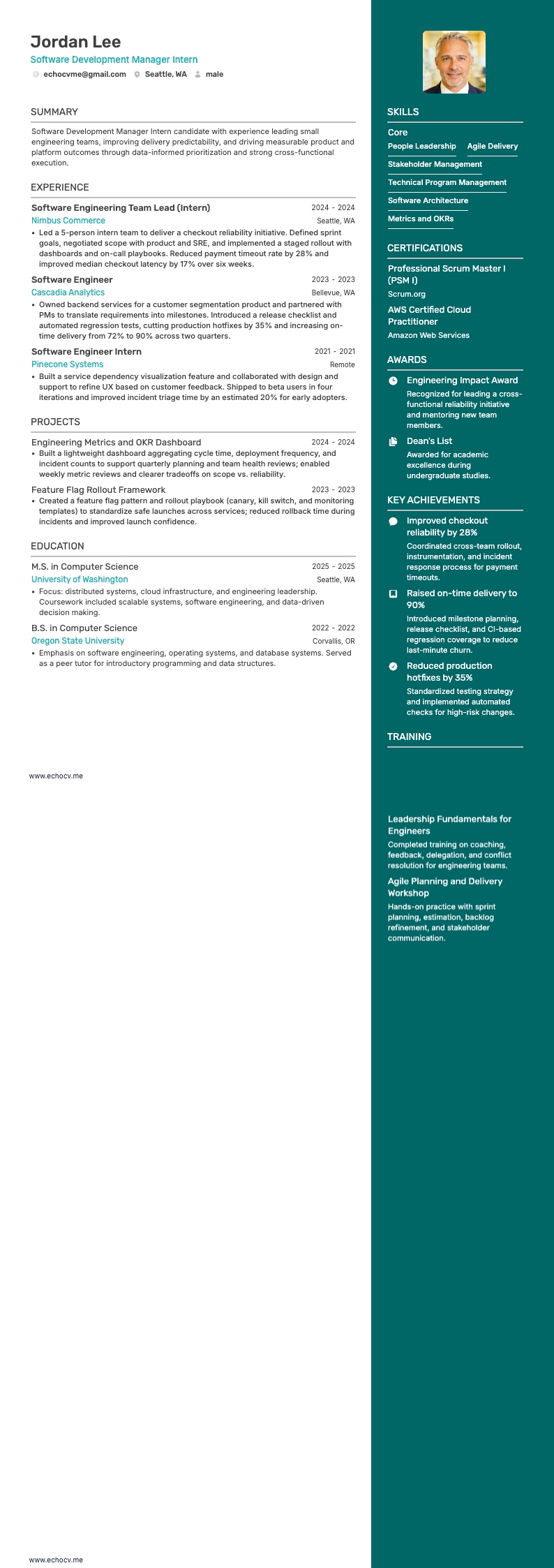 ソフトウェア開発マネージャーインターン example resume