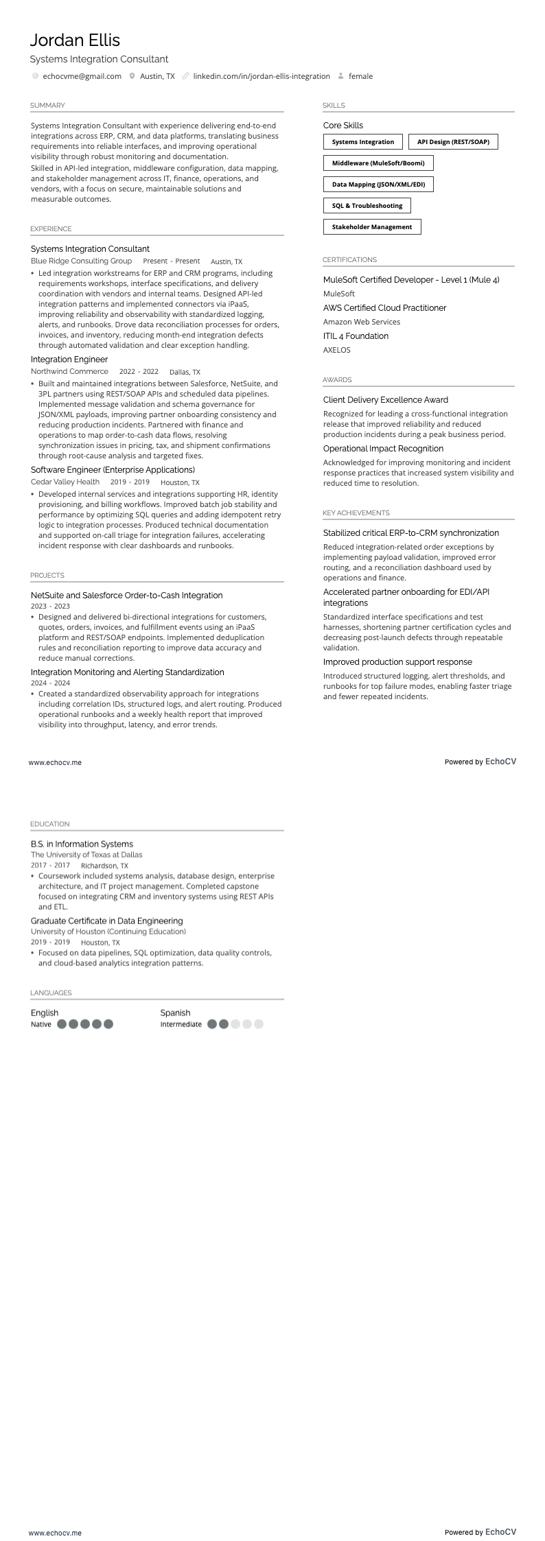 Systems Integration Consultant example resume