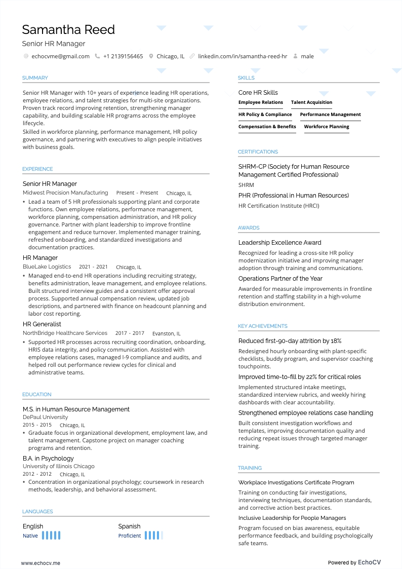 Senior HR Manager example resume