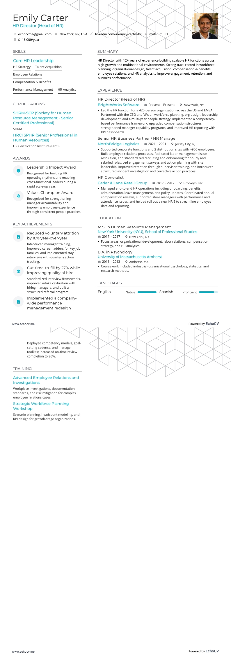 HR Director (Head of HR) example resume