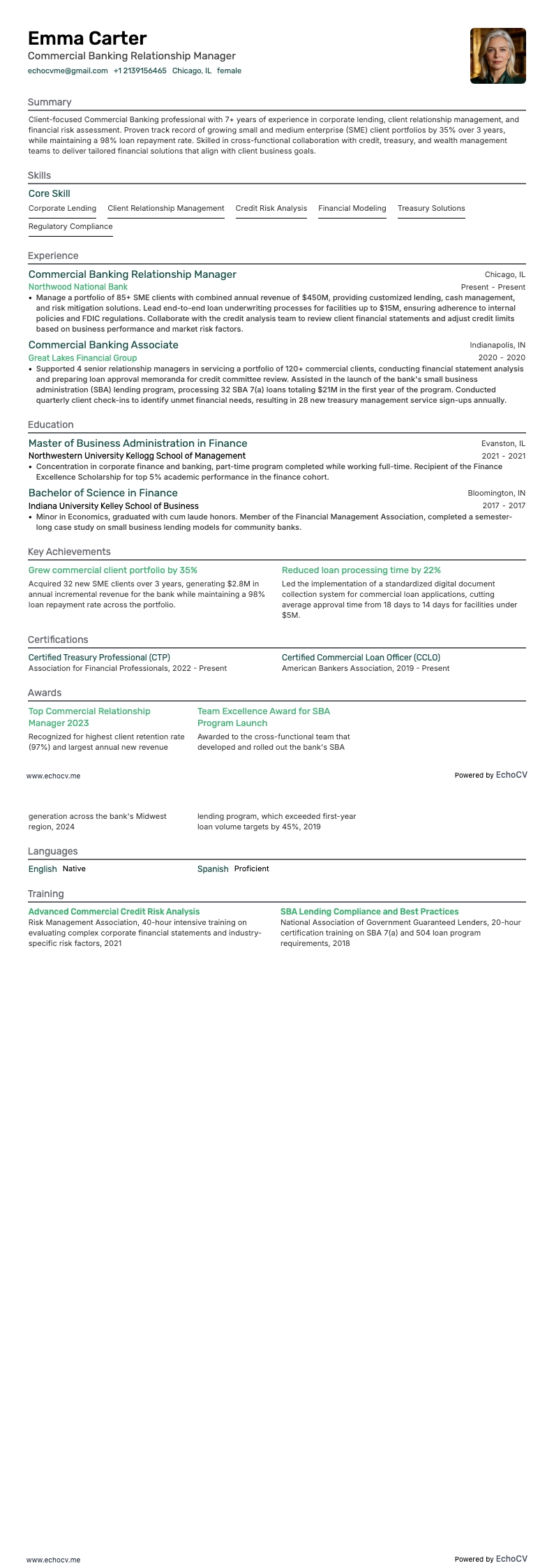 Commercial Banking example resume