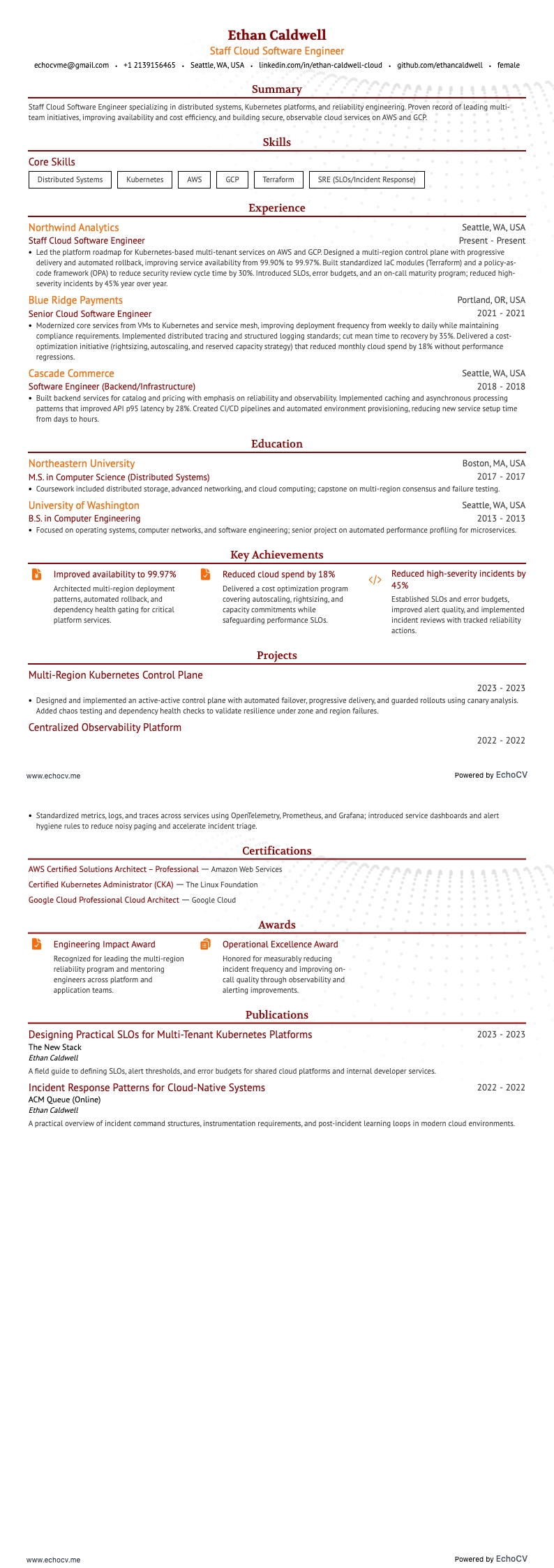 Staff Cloud Software Engineer example resume