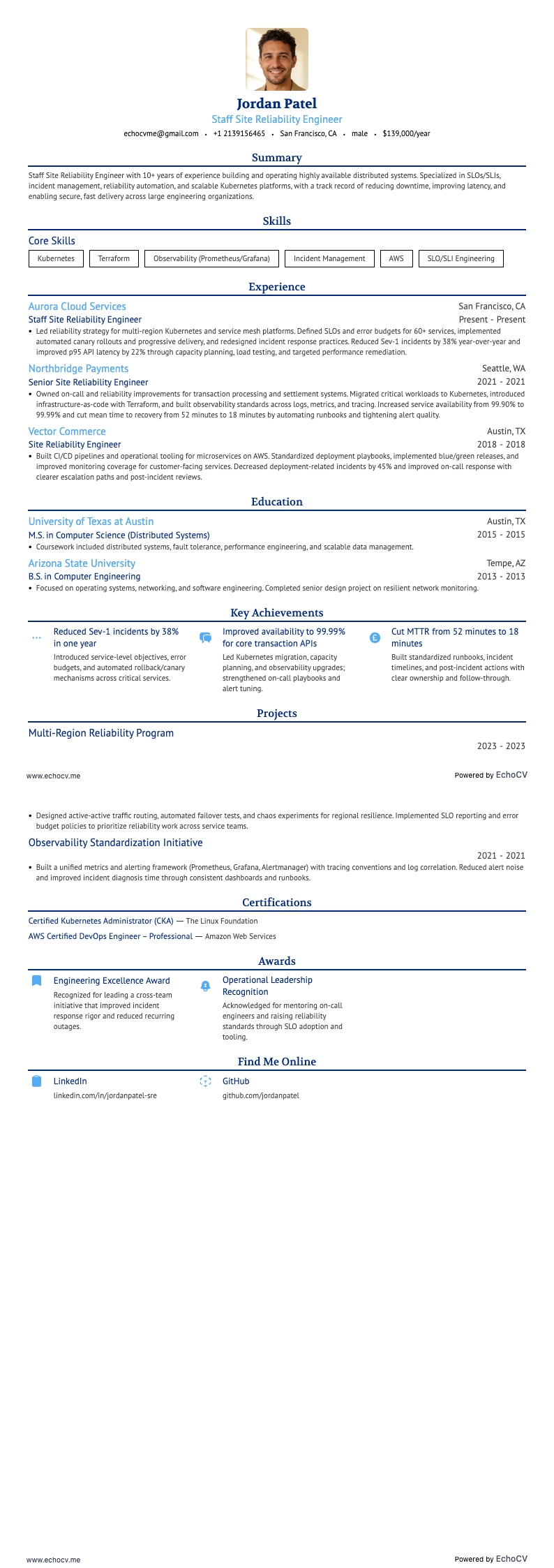 Ingénieur principal en fiabilité de site resume example