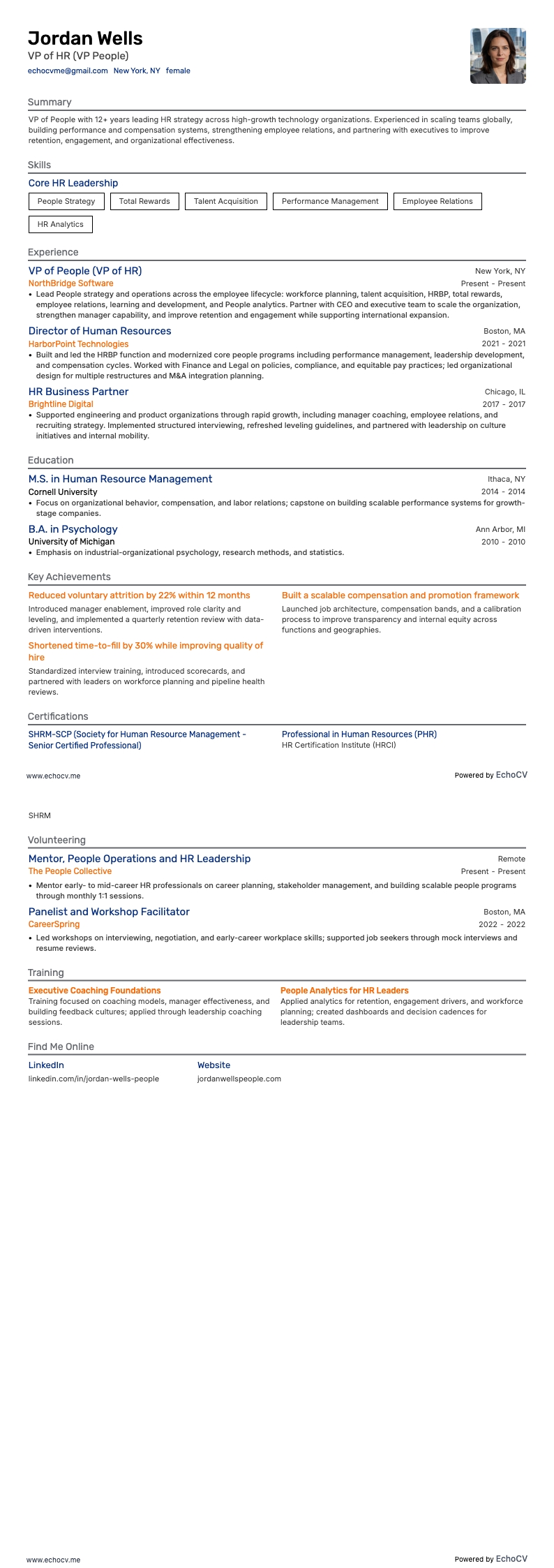 VP of HR (VP People) example resume