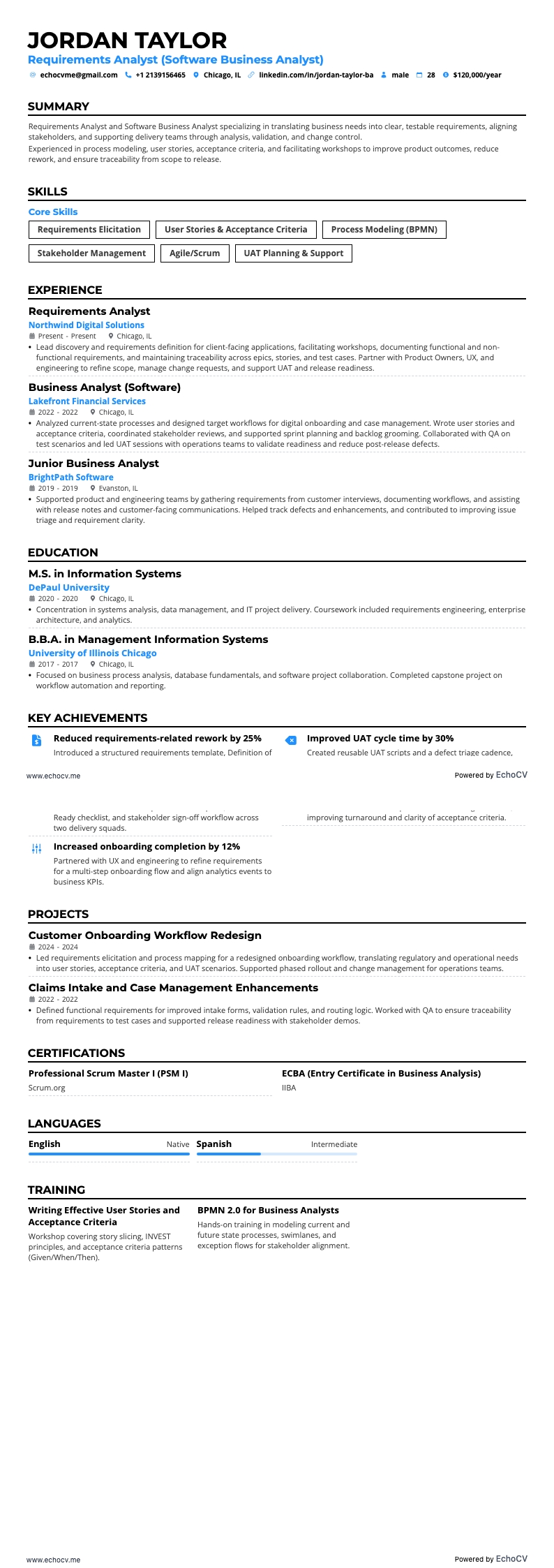 Analista de Requisitos example resume