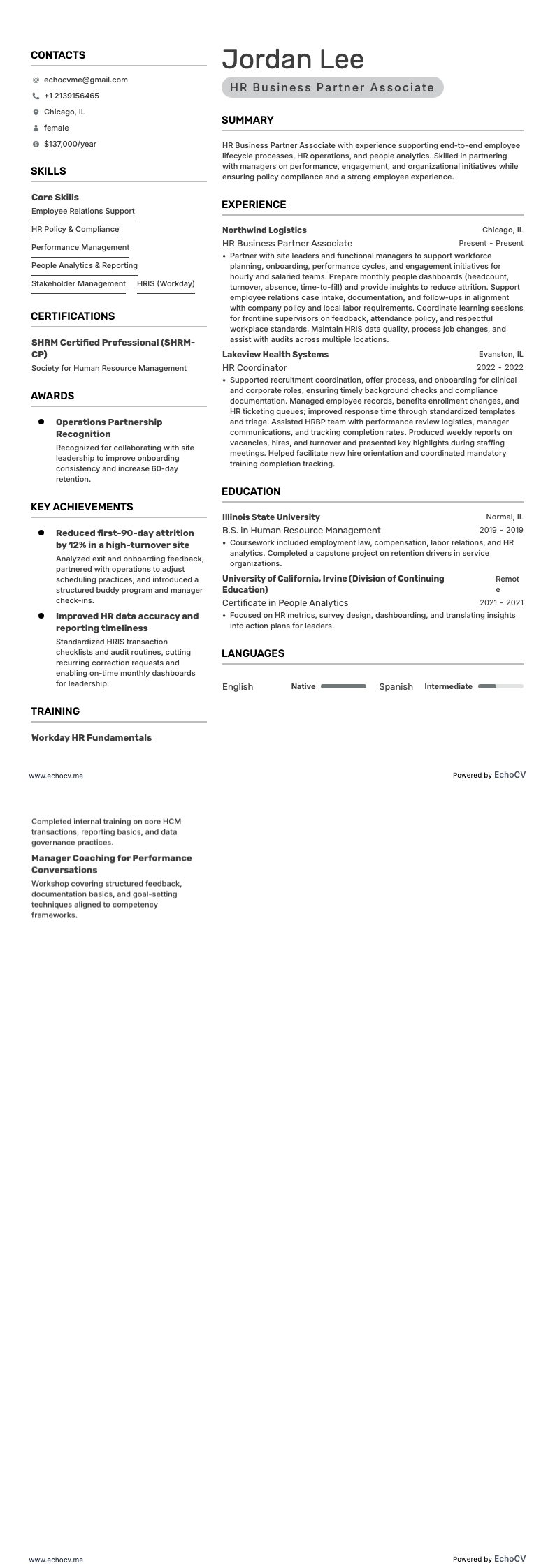 Associate HR Business Partner example resume