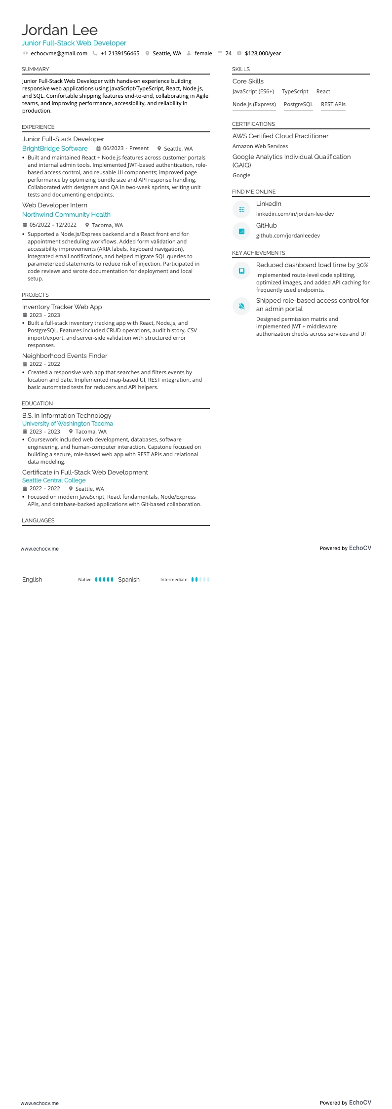 Junior Web Developer resume example