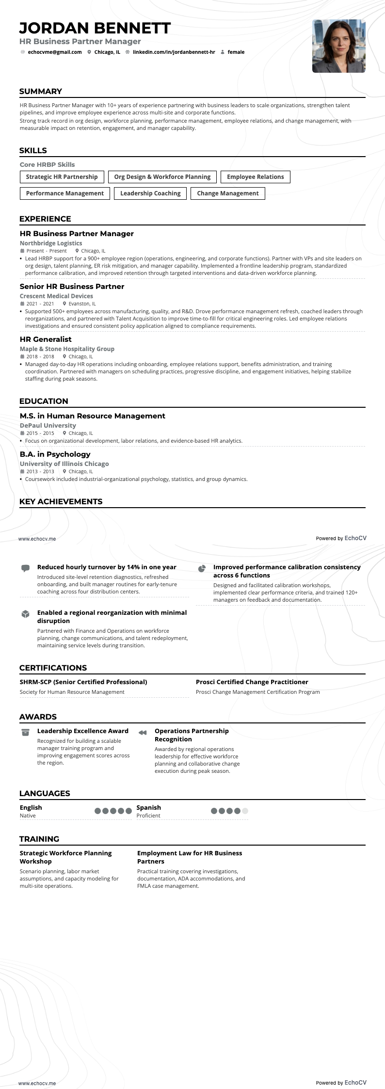 Manager HR Business Partner example resume