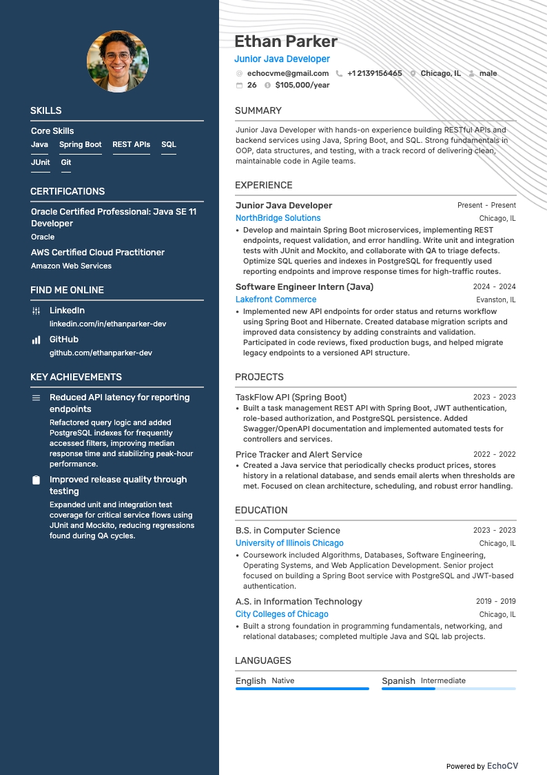 Junior Java-Entwickler example resume