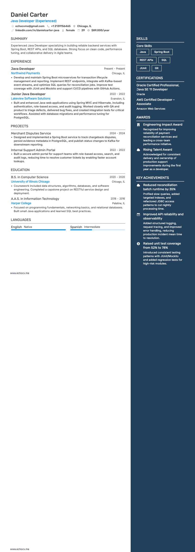 Java-Entwickler (Berufserfahren) example resume