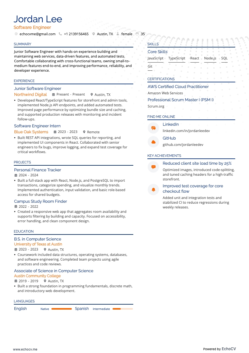 Ingénieur logiciel example resume