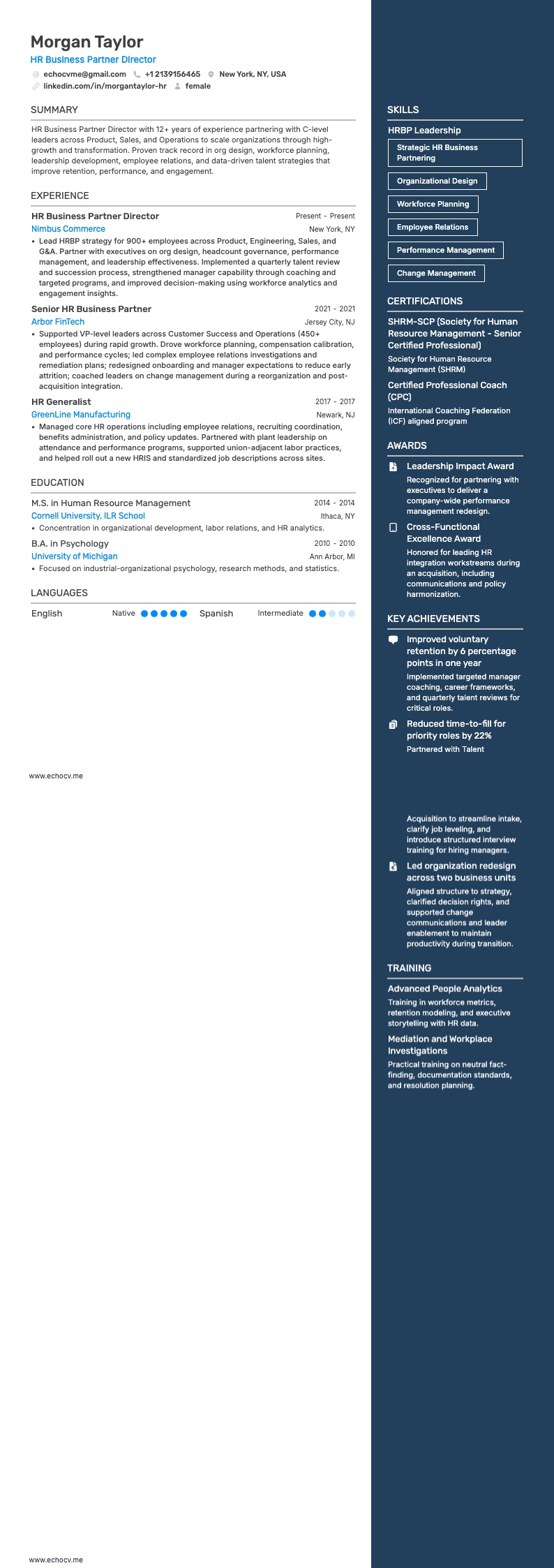 Directeur HR Business Partner example resume