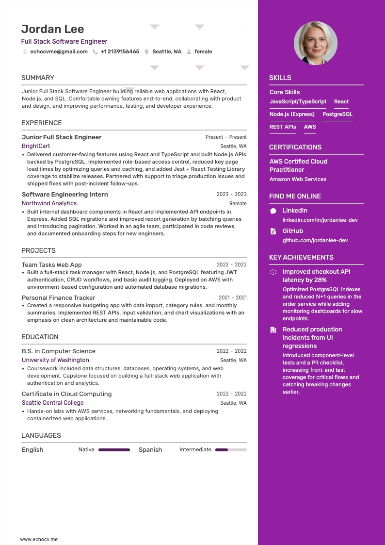 Ingénieur logiciel full stack example resume