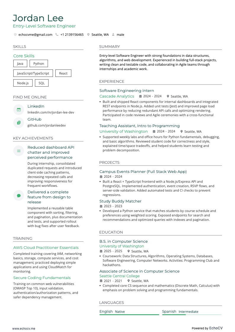 Junior mjukvaruingenjör resume example