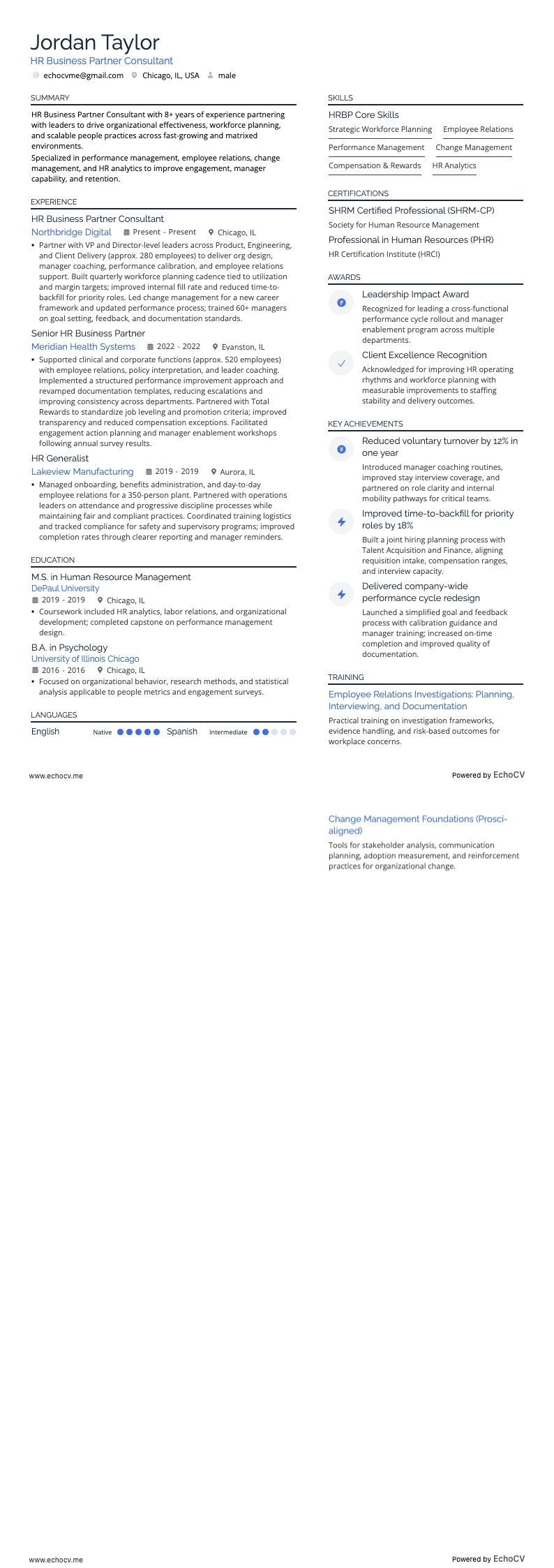 Consultant HR Business Partner example resume