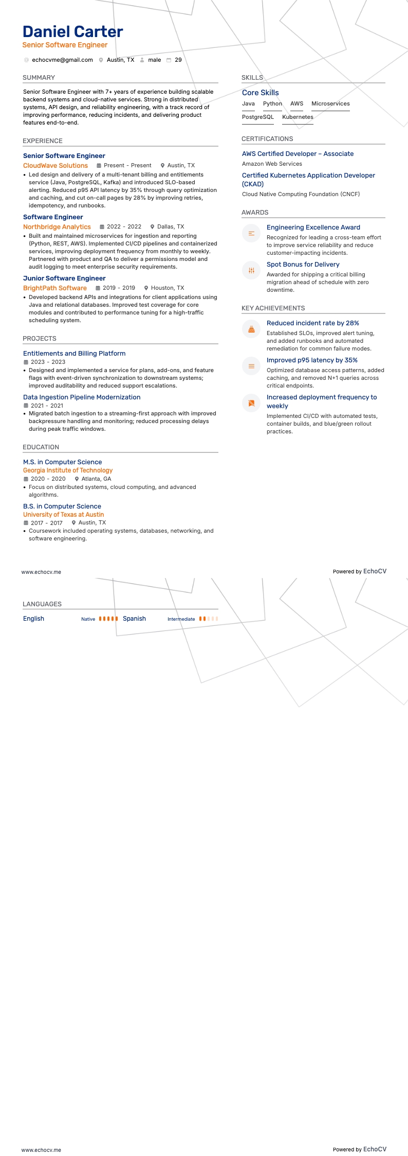 Ingénieur logiciel junior resume example