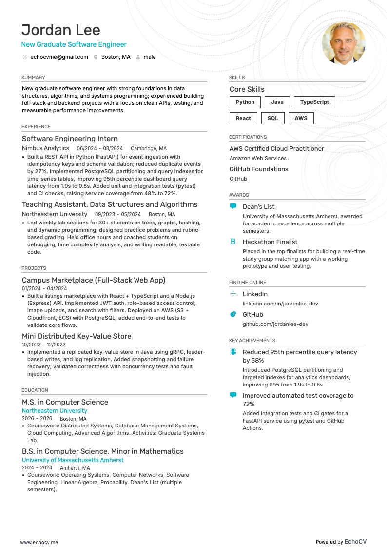 New Graduate Software Engineer example resume