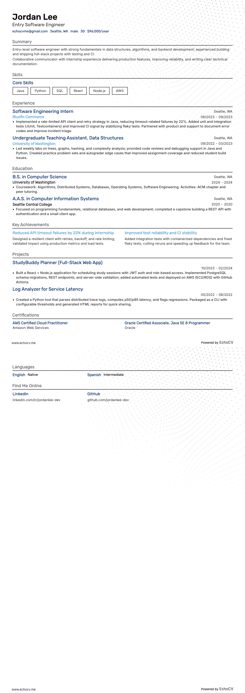 Entry Software Engineer example resume