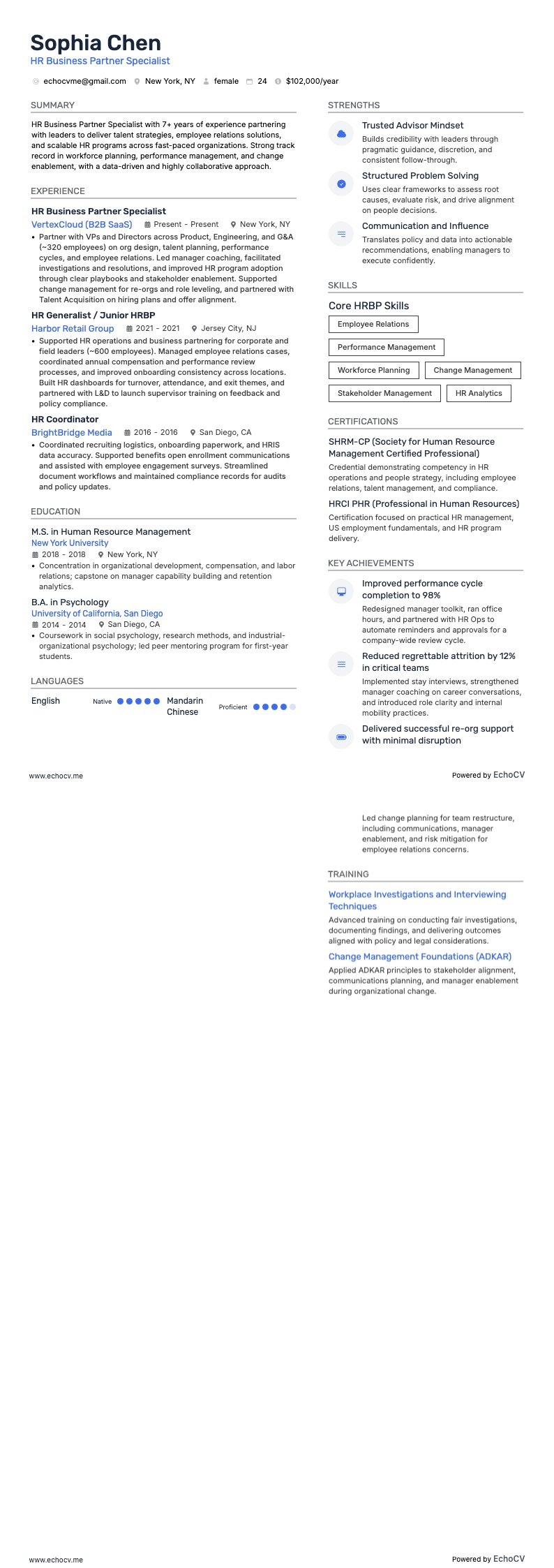Spécialiste HR Business Partner example resume