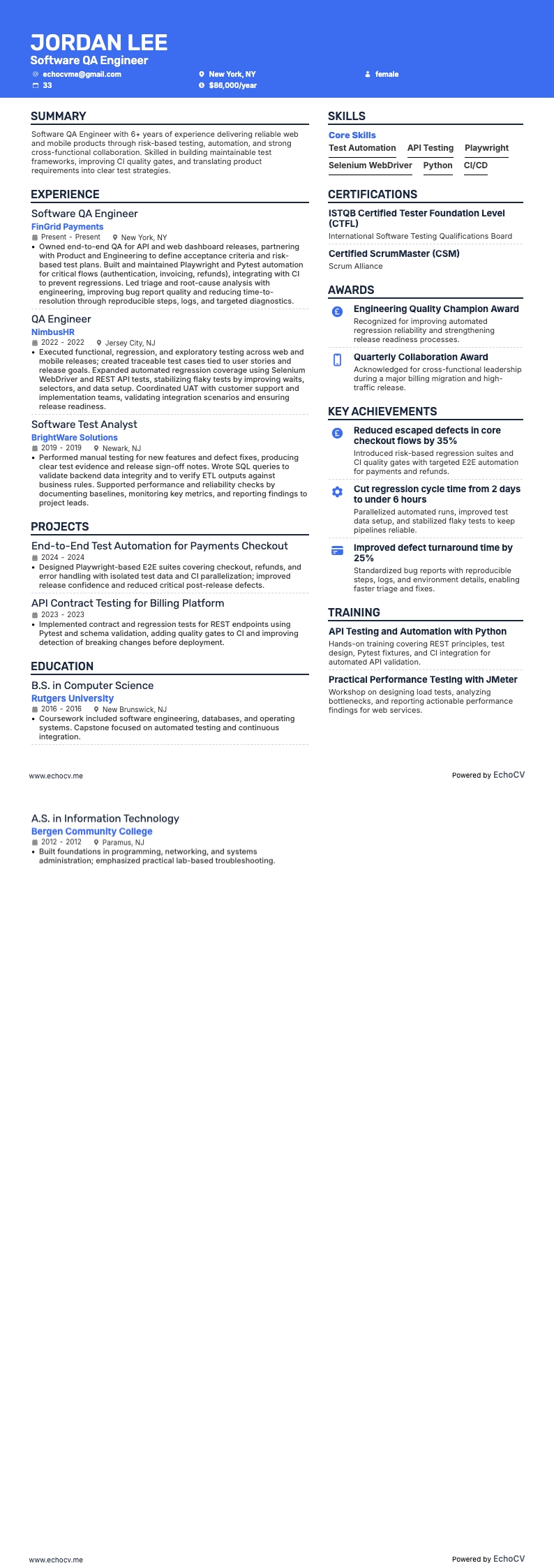 Software-QA-Ingenieur example resume