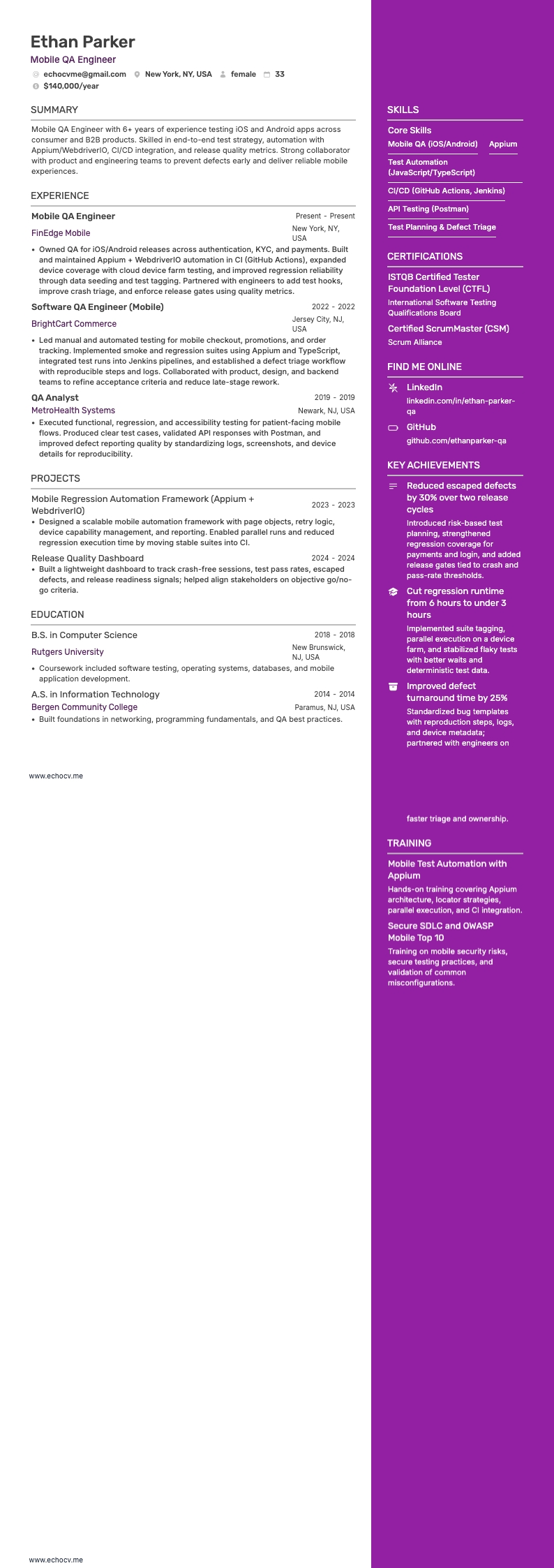 Mobiler QA-Ingenieur example resume